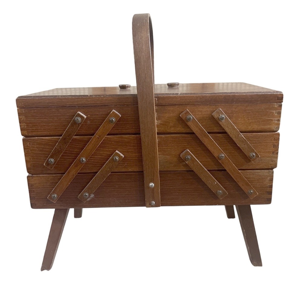 Vtg Wooden Accordion Sewing Box with Legs with Supplies Granny Antique Farmhouse